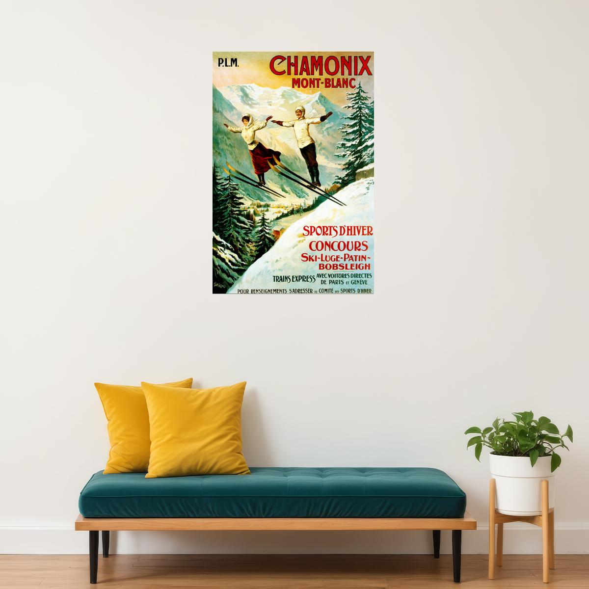 ALPS CHAMONIX MONT BLANC WINTER SPORTS SKI JUMPING SKIING VINTAGE POSTER