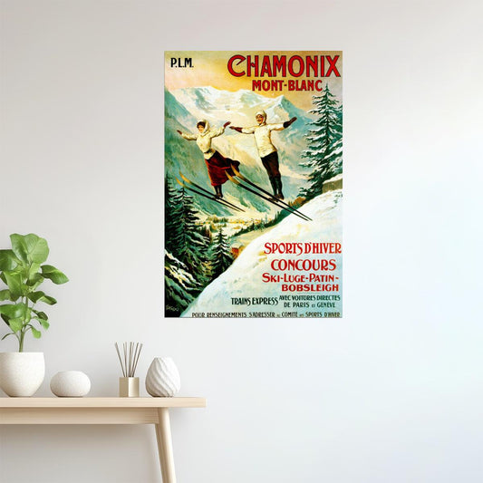 ALPS CHAMONIX MONT BLANC WINTER SPORTS SKI JUMPING SKIING VINTAGE POSTER