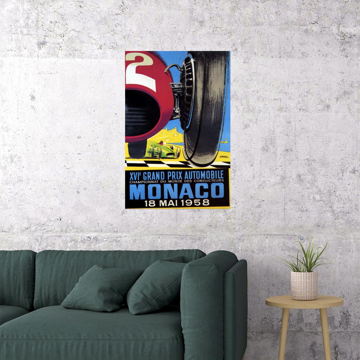 1958 GRAND PRIX AUTOMOBILE MONACO CAR RACING STREET RACE VINTAGE POSTER