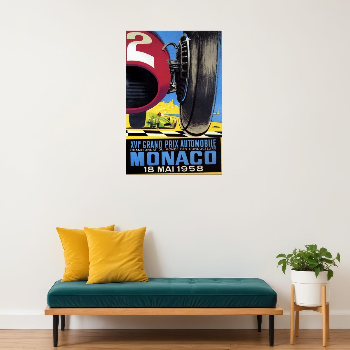 1958 GRAND PRIX AUTOMOBILE MONACO CAR RACING STREET RACE VINTAGE POSTER