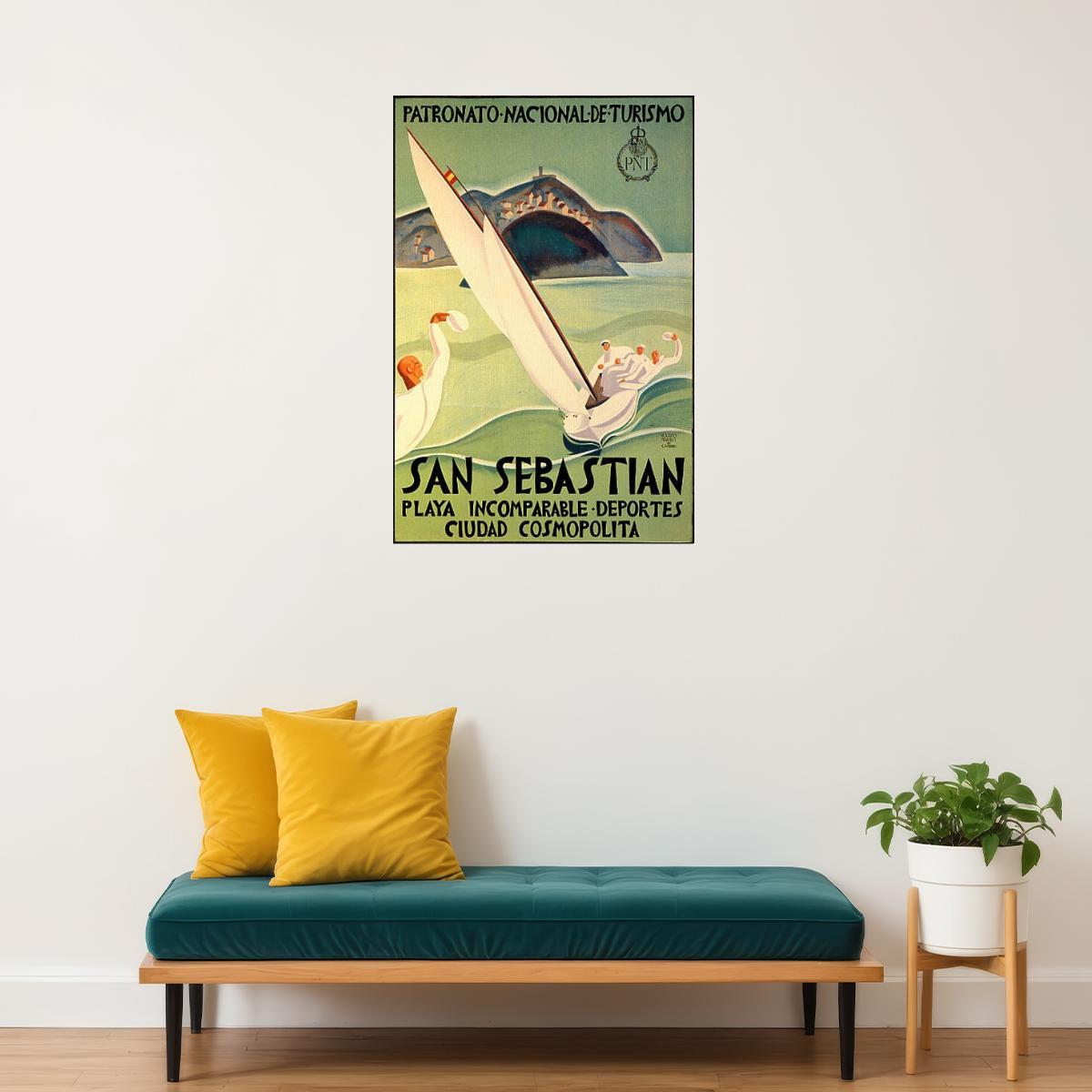 SAN SEBASTIAN SPAIN SAILBOAT SPEED SAILING SPORT TRAVEL VINTAGE POSTER