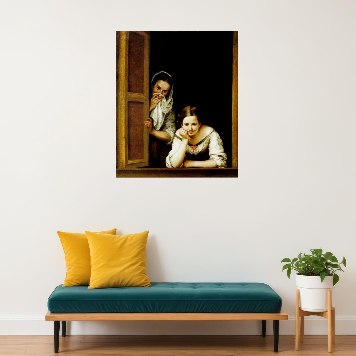 TWO WOMEN AT A WINDOW 1655 SPANISH PAINTING BY BARTOLOME ESTEBAN MURILLO POSTER