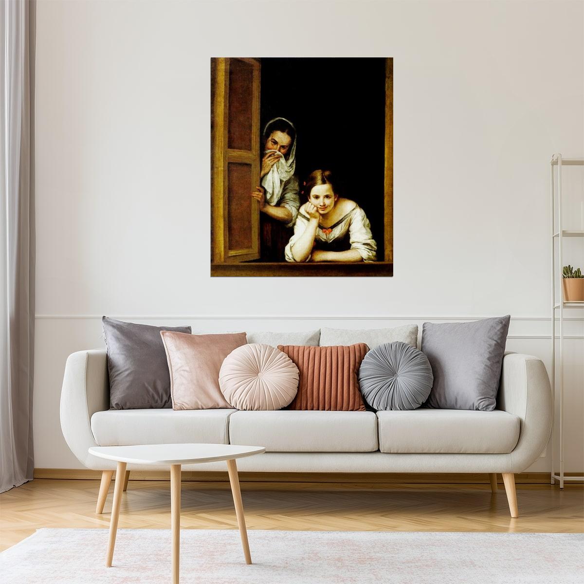 TWO WOMEN AT A WINDOW 1655 SPANISH PAINTING BY BARTOLOME ESTEBAN MURILLO POSTER