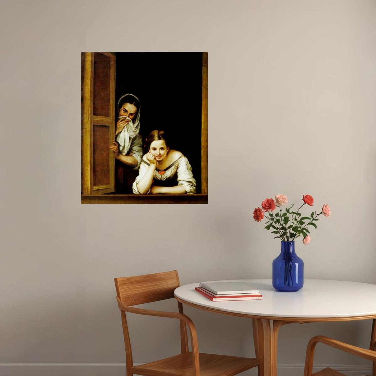 TWO WOMEN AT A WINDOW 1655 SPANISH PAINTING BY BARTOLOME ESTEBAN MURILLO POSTER