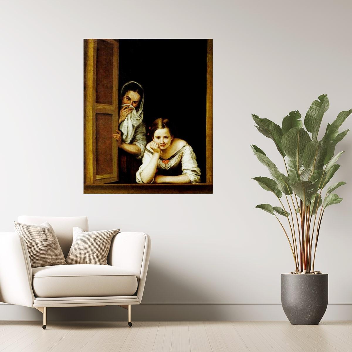 TWO WOMEN AT A WINDOW 1655 SPANISH PAINTING BY BARTOLOME ESTEBAN MURILLO POSTER