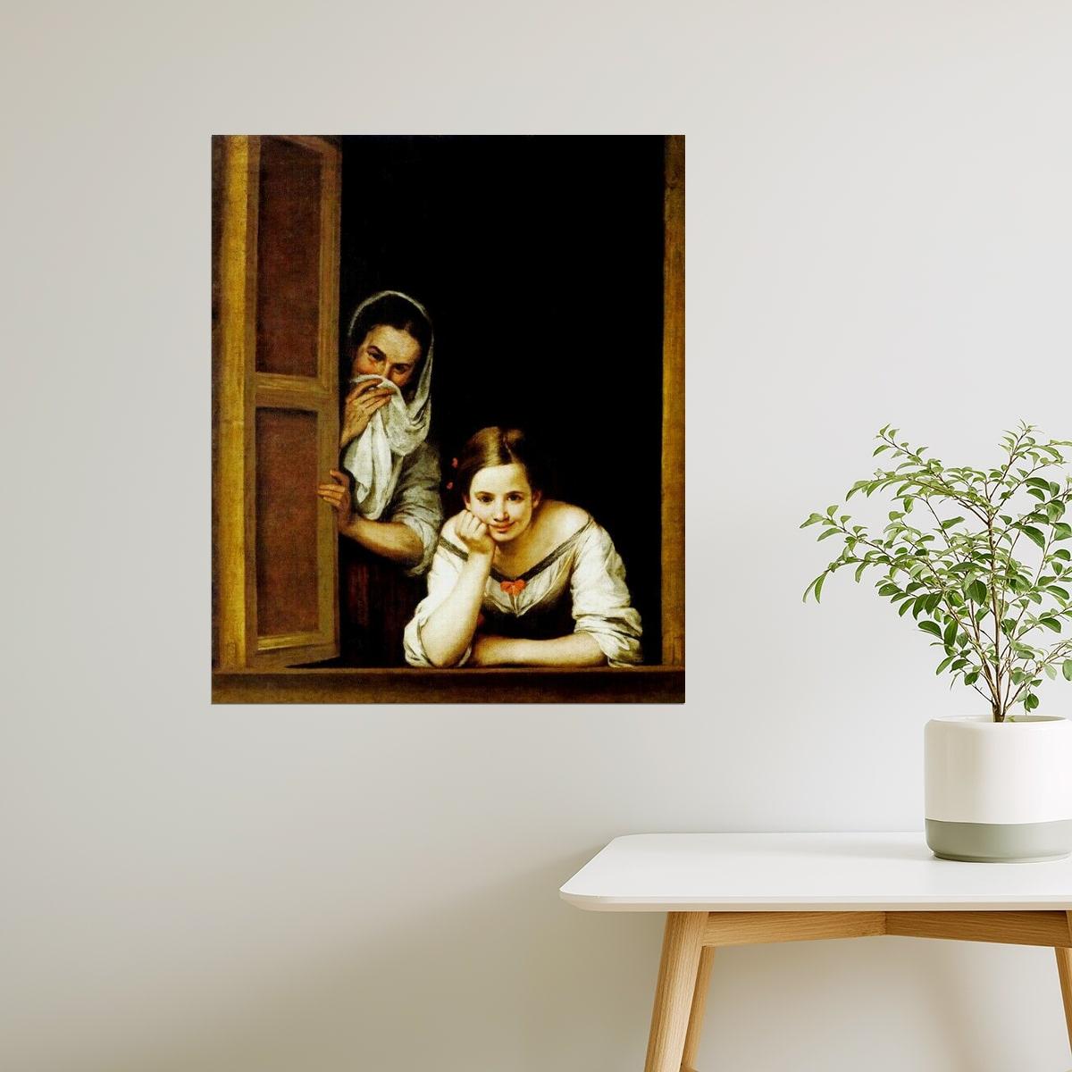TWO WOMEN AT A WINDOW 1655 SPANISH PAINTING BY BARTOLOME ESTEBAN MURILLO POSTER