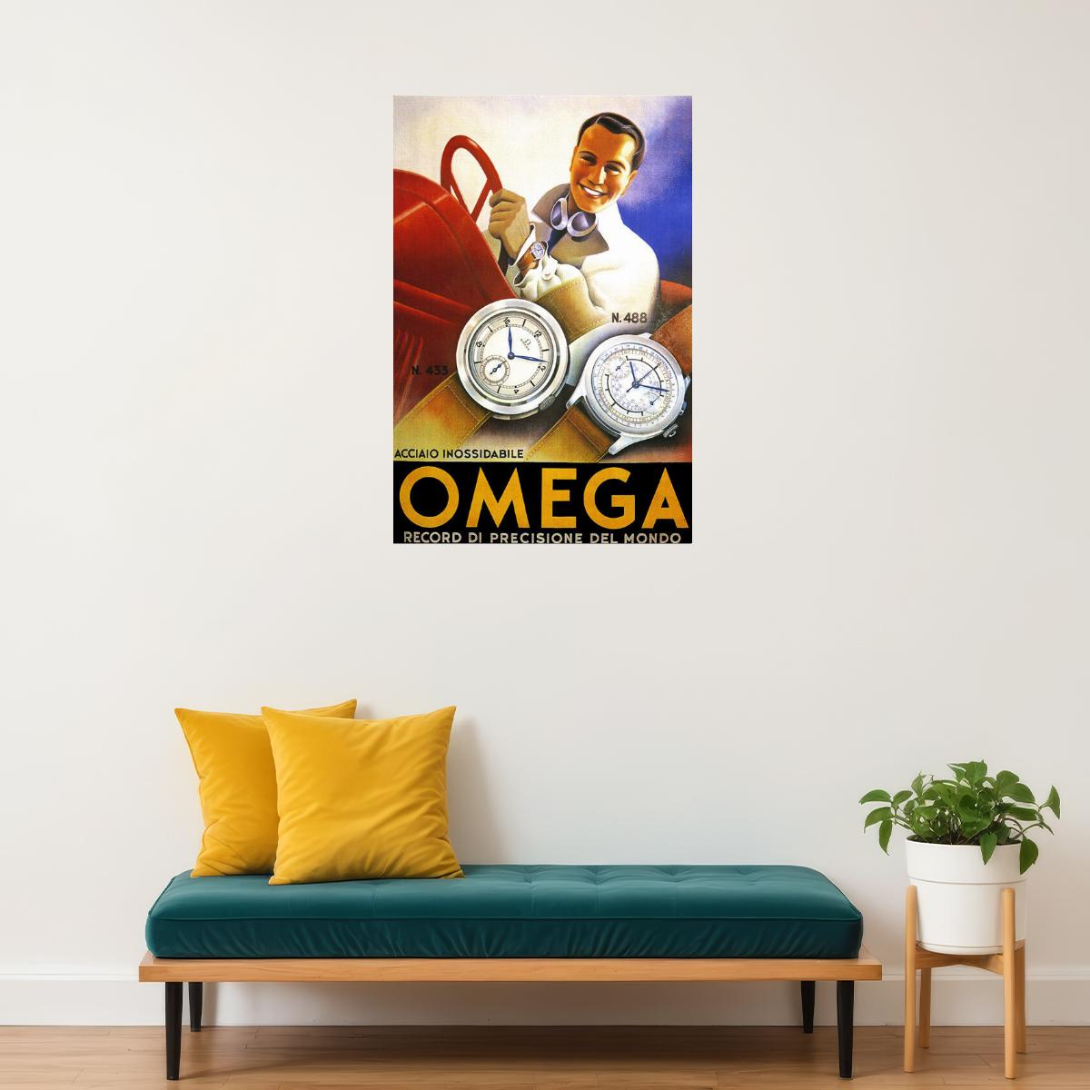 OMEGA MEN FASHION WATCH MODEL 433 488 SPORT CAR FUN DRIVING VINTAGE POSTER