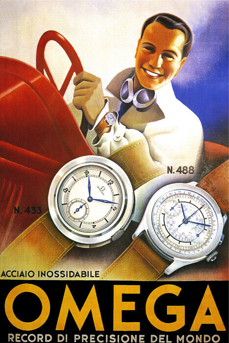 OMEGA MEN FASHION WATCH MODEL 433 488 SPORT CAR FUN DRIVING VINTAGE POSTER