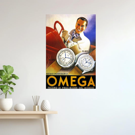OMEGA MEN FASHION WATCH MODEL 433 488 SPORT CAR FUN DRIVING VINTAGE POSTER