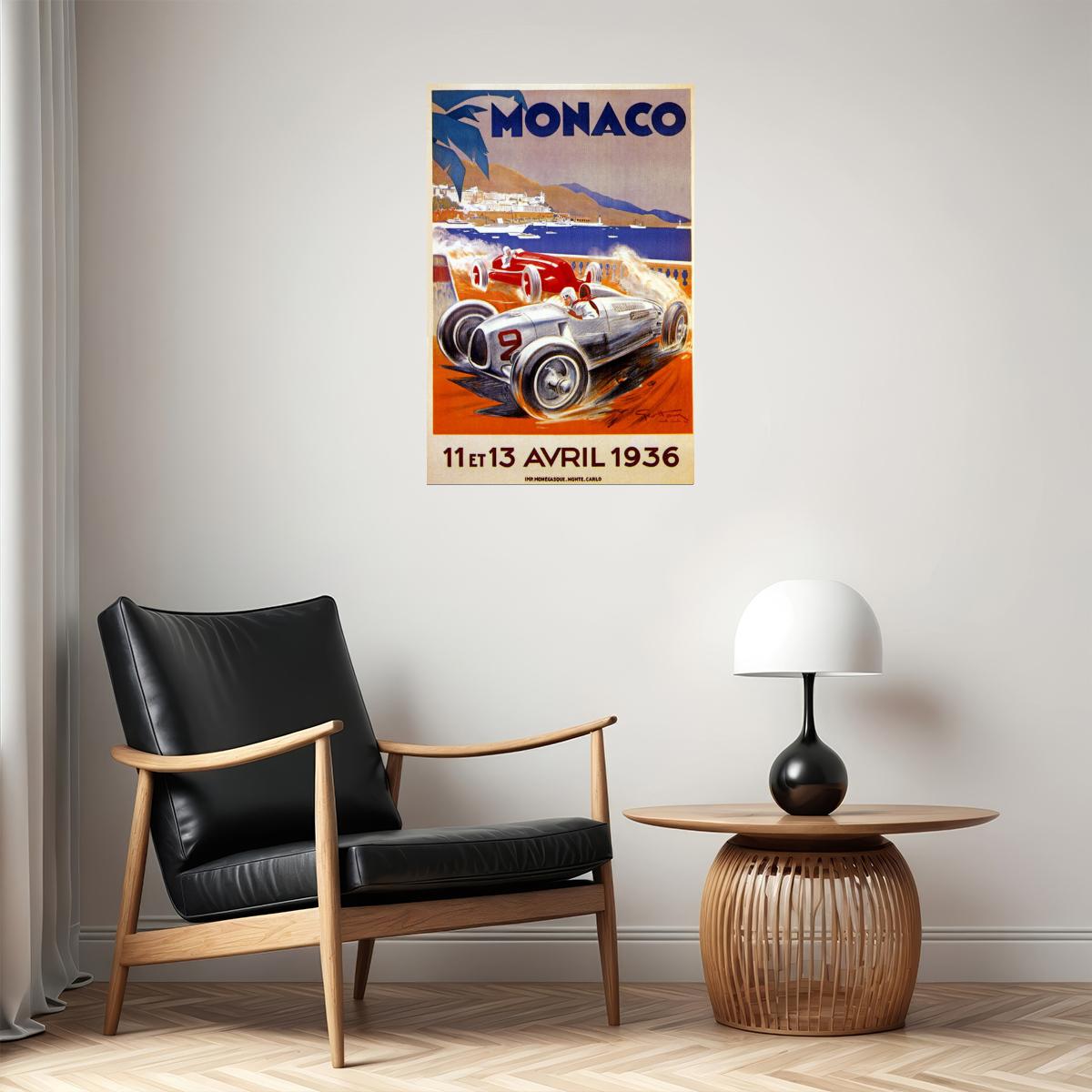 1936 CAR AUTOMOBILE STREET RACING GRAND PRIX MONACO VINTAGE POSTER
