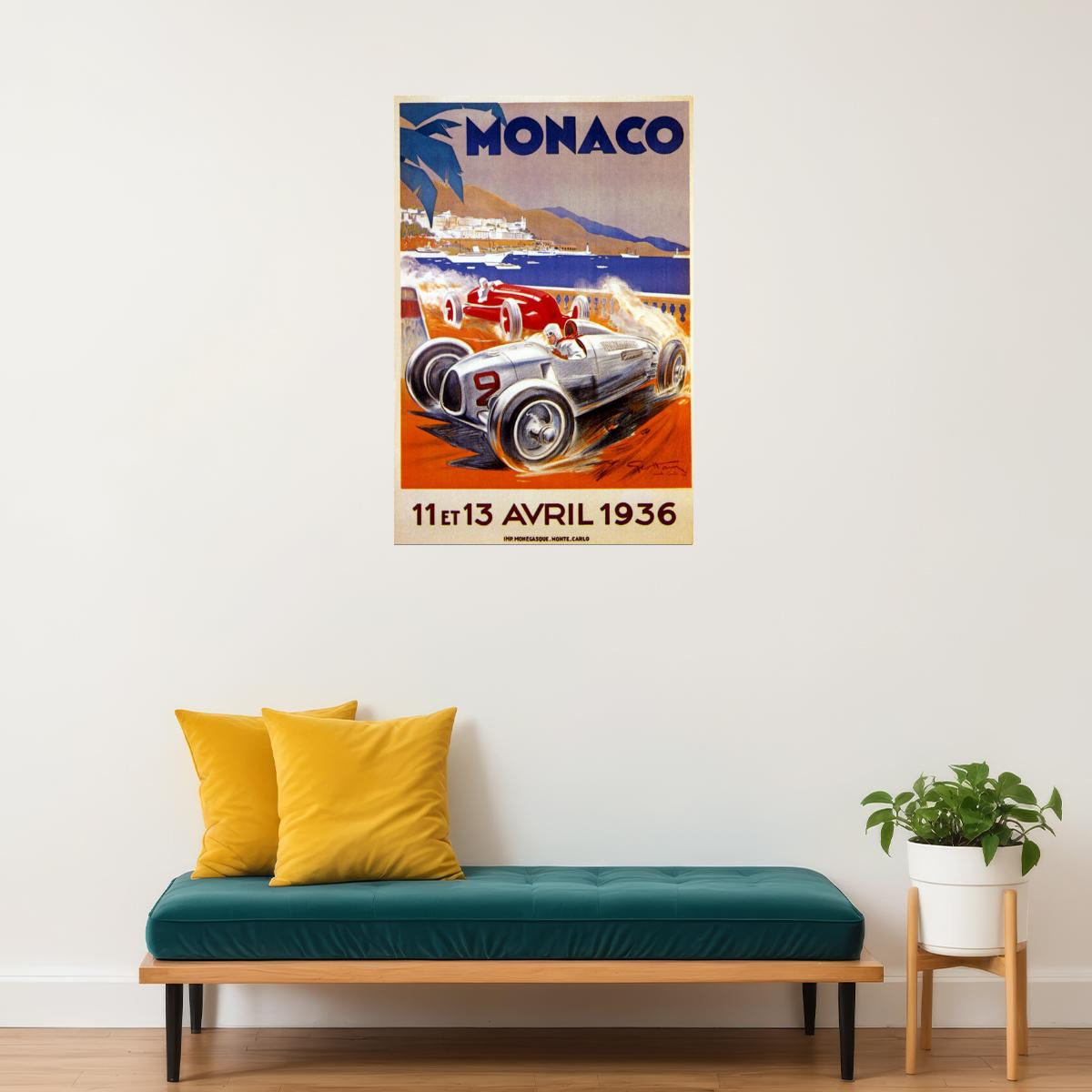 1936 CAR AUTOMOBILE STREET RACING GRAND PRIX MONACO VINTAGE POSTER