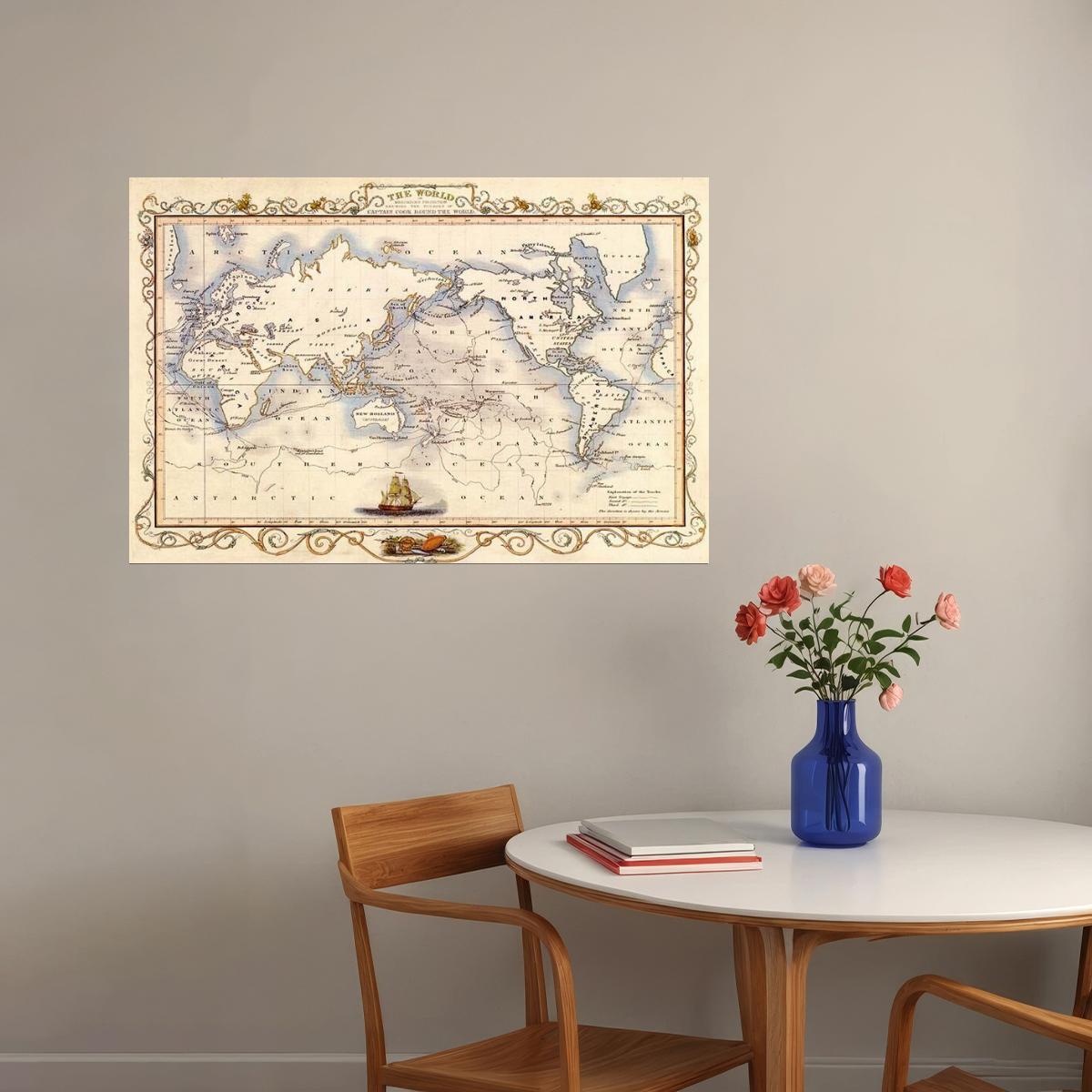 WORLD OLD MAP MERCATOR CAPTAIN COOK GLOBE TRAVEL SAILBOAT BOAT FINE POSTER