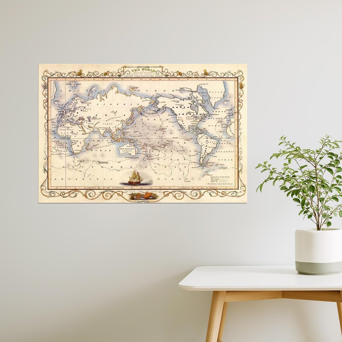 WORLD OLD MAP MERCATOR CAPTAIN COOK GLOBE TRAVEL SAILBOAT BOAT FINE POSTER