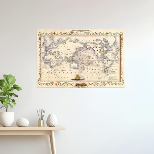 WORLD OLD MAP MERCATOR CAPTAIN COOK GLOBE TRAVEL SAILBOAT BOAT FINE POSTER