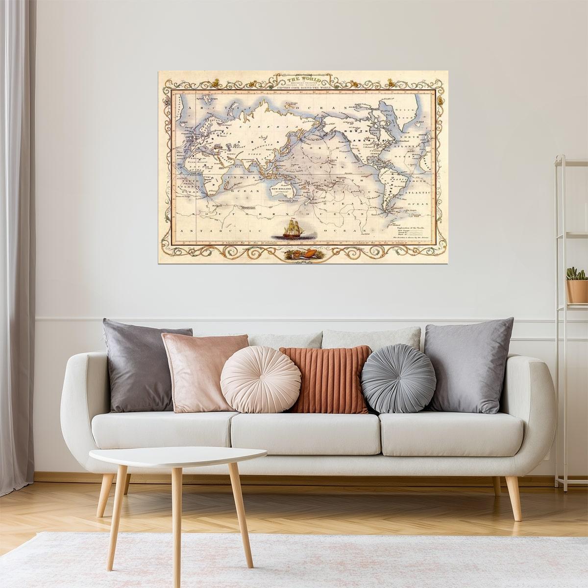 WORLD OLD MAP MERCATOR CAPTAIN COOK GLOBE TRAVEL SAILBOAT BOAT FINE POSTER