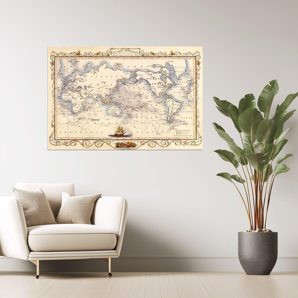 WORLD OLD MAP MERCATOR CAPTAIN COOK GLOBE TRAVEL SAILBOAT BOAT FINE POSTER