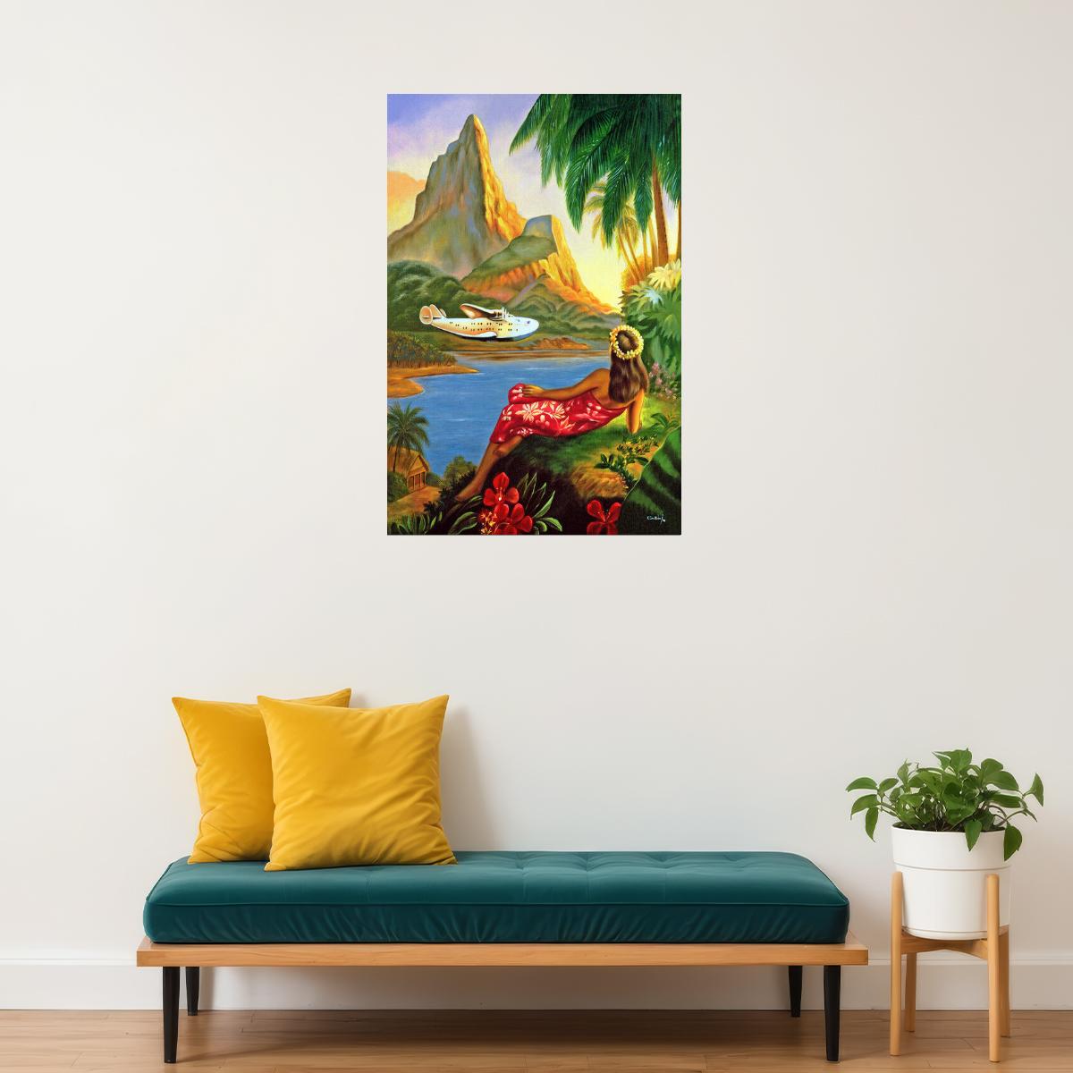 HAWAII HULA DANCE AIRPLANE BEACH VACATION TRAVEL TOURISM VINTAGE POSTER