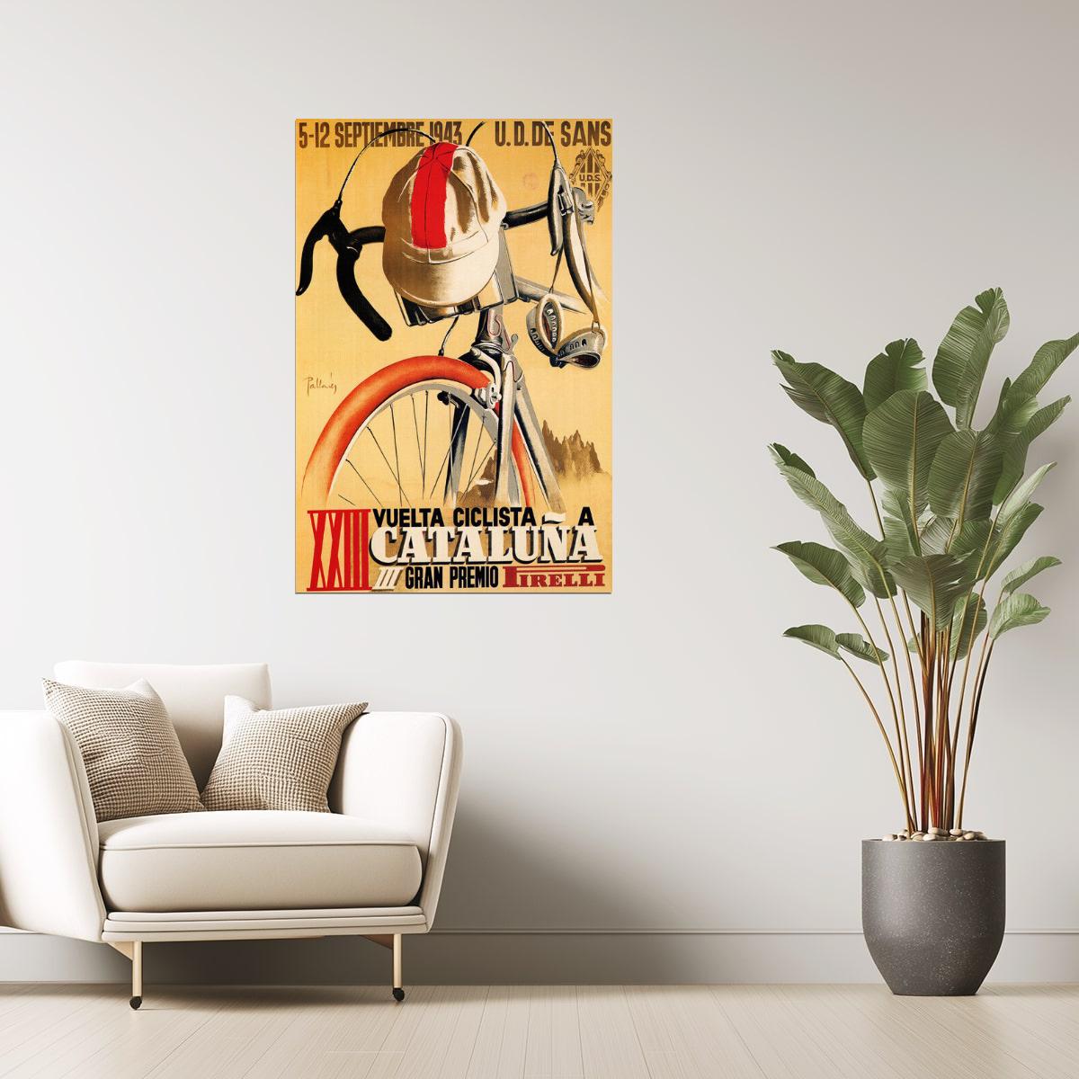 SPAIN PIRELLI BICYCLE BIKE RACE 1943 CYCLING TOUR CATALUNA VINTAGE POSTER