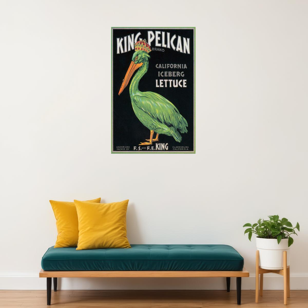 CALIFORNIA KING PELICAN BIRD ICEBERG LETTUCE CRATE LABEL US VINTAGE POSTER