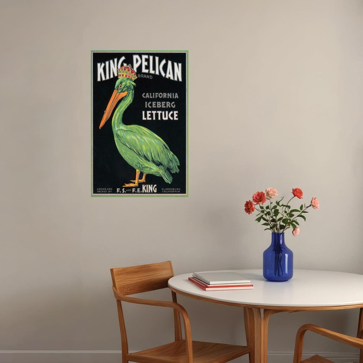 CALIFORNIA KING PELICAN BIRD ICEBERG LETTUCE CRATE LABEL US VINTAGE POSTER