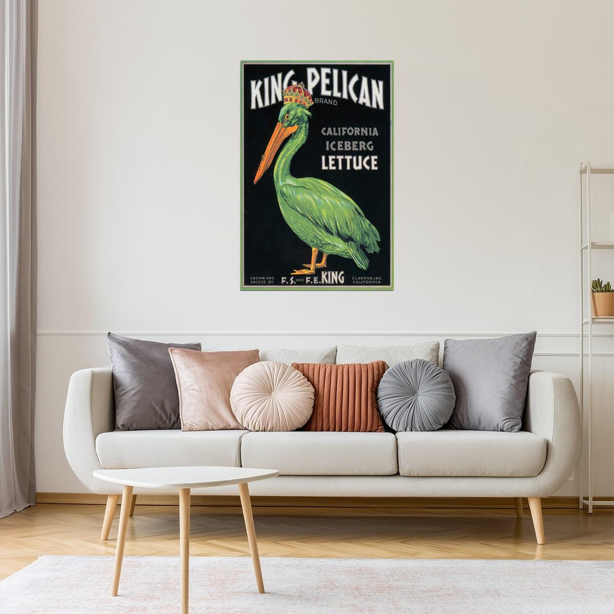 CALIFORNIA KING PELICAN BIRD ICEBERG LETTUCE CRATE LABEL US VINTAGE POSTER