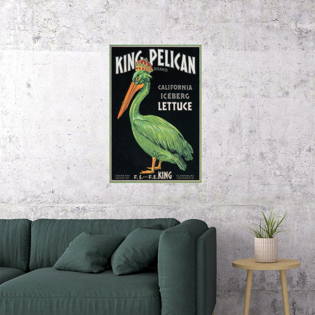 CALIFORNIA KING PELICAN BIRD ICEBERG LETTUCE CRATE LABEL US VINTAGE POSTER