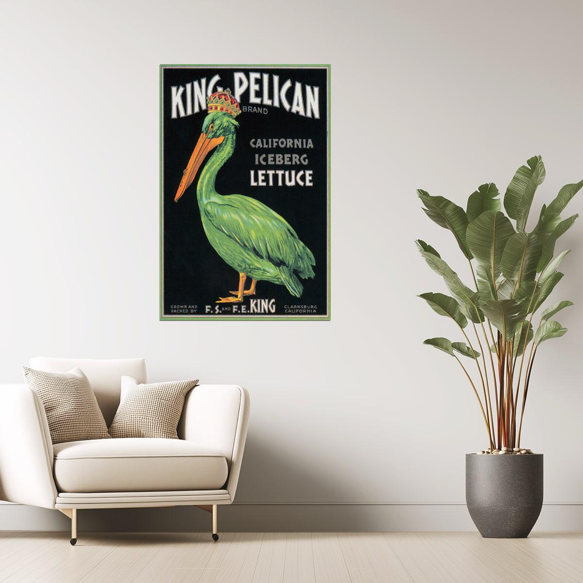 CALIFORNIA KING PELICAN BIRD ICEBERG LETTUCE CRATE LABEL US VINTAGE POSTER