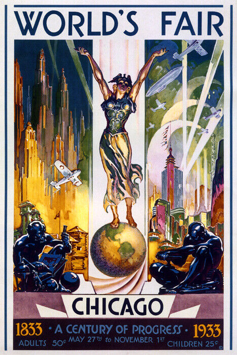 1933 WORLD'S FAIR CENTURY OF PROGRESS SCIENCE CHICAGO CITY VINTAGE POSTER
