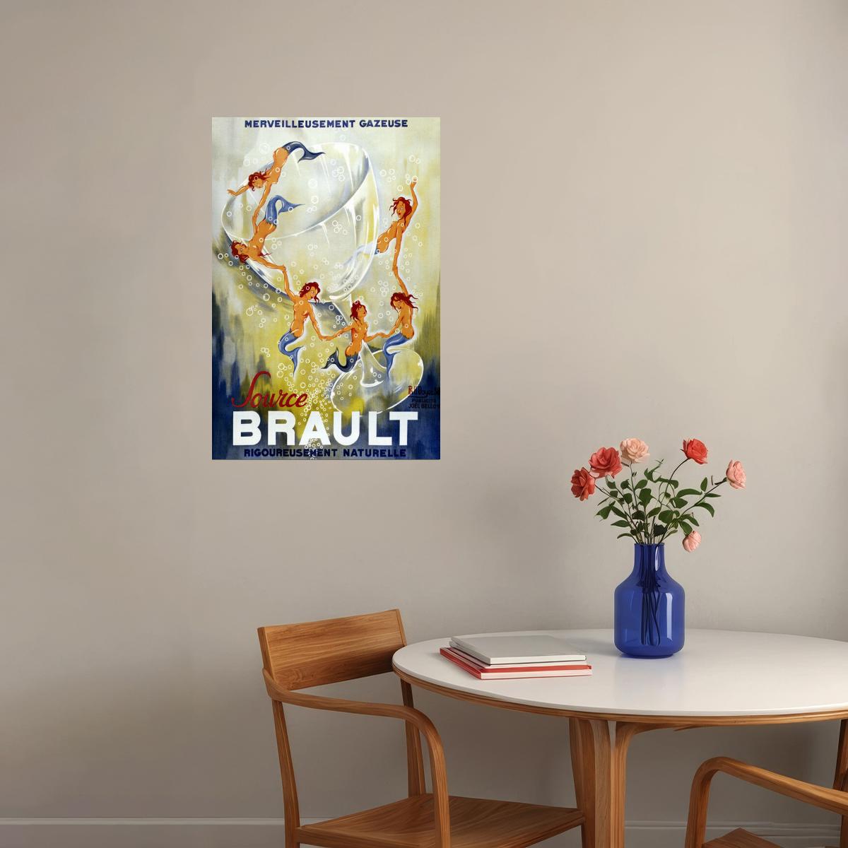 FRENCH SPARKLING WATER SOURCE BRAULT MERMAID BUBBLES GLASS VINTAGE POSTER