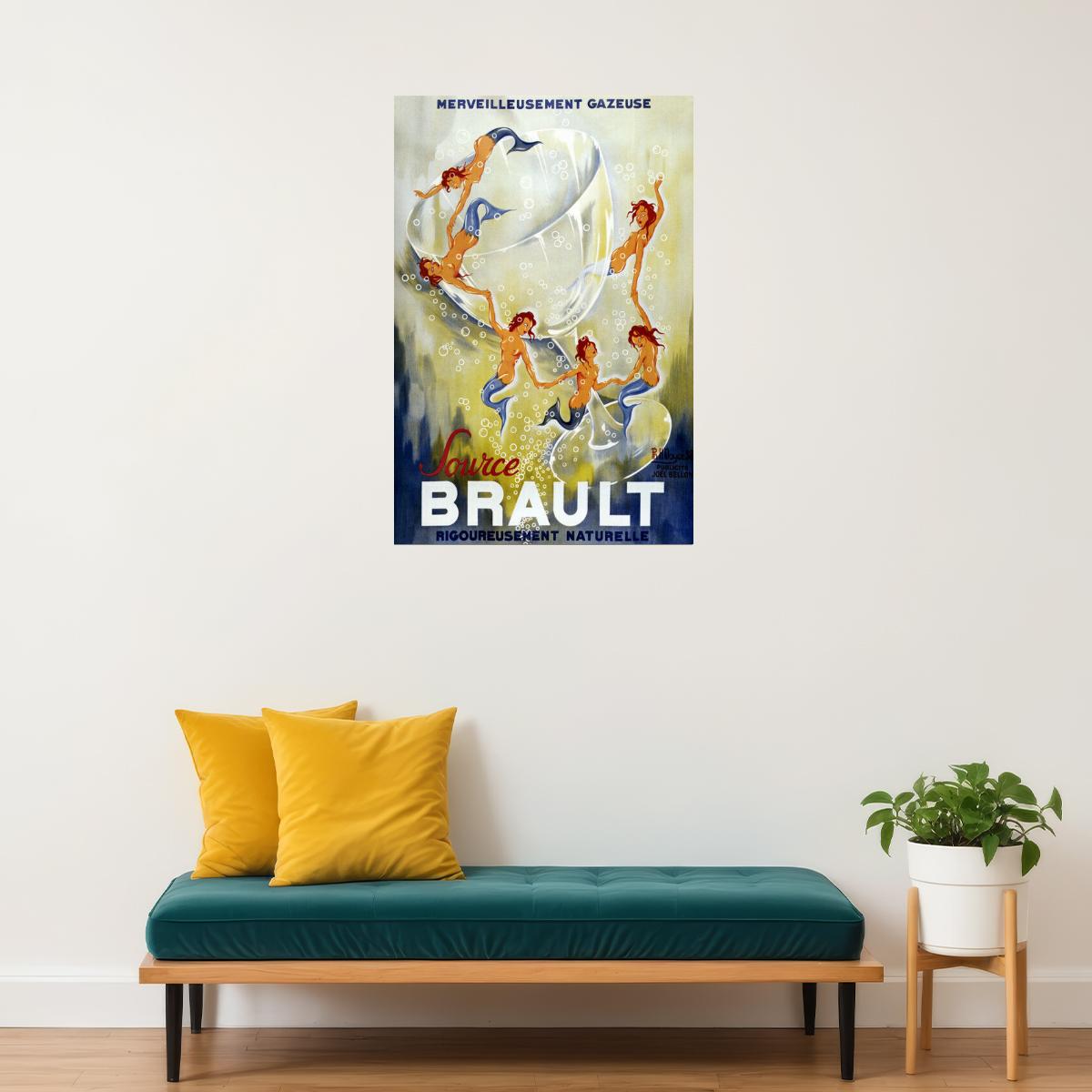 FRENCH SPARKLING WATER SOURCE BRAULT MERMAID BUBBLES GLASS VINTAGE POSTER