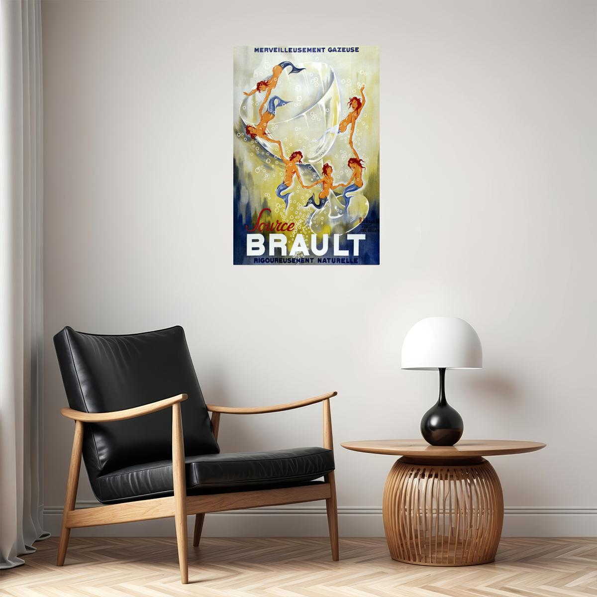 FRENCH SPARKLING WATER SOURCE BRAULT MERMAID BUBBLES GLASS VINTAGE POSTER