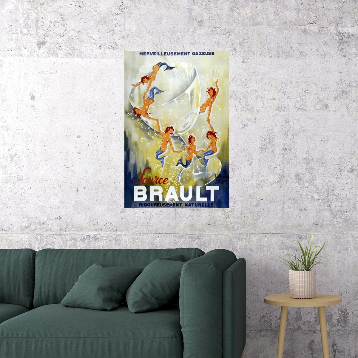 FRENCH SPARKLING WATER SOURCE BRAULT MERMAID BUBBLES GLASS VINTAGE POSTER