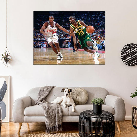 Gary Payton Dribbling Retro Basketball Sport Wall Art Print Poster