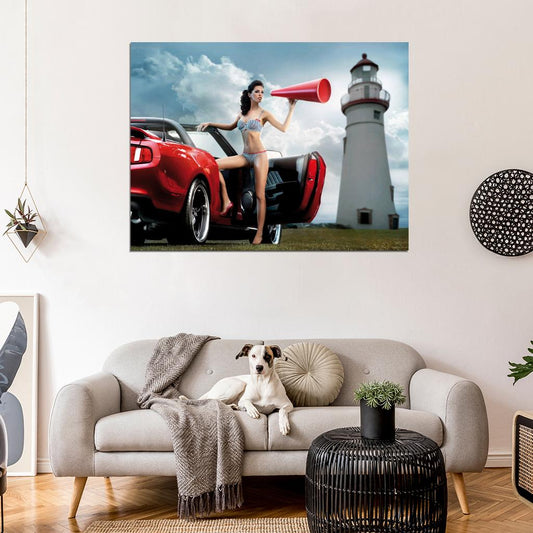 Beautiful Girl Lighthouse Hot Sexy Babe Woman Car Miss Tuning Wall Art Print Poster