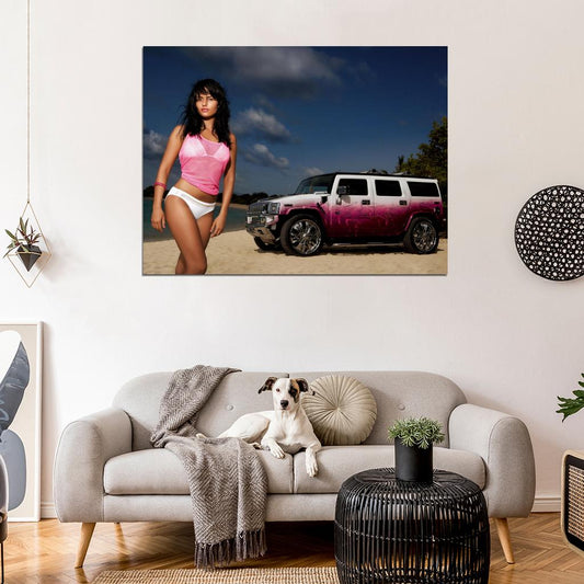 Pink Beach Hot Sexy Babe Woman Car Miss Tuning Wall Art Print Poster