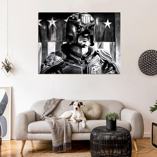 Dredd Portrait Art Drawing Flag Karl Urban 2012 Movie Wall Art Print Poster