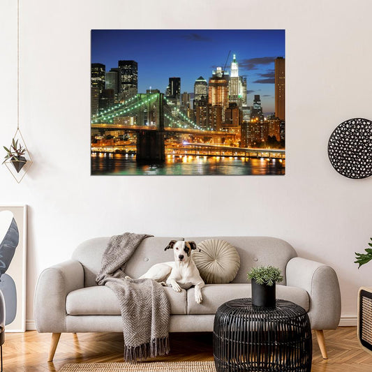Brooklyn Bridge Manhattan New York City Beautiful Night Wall Art Print Poster
