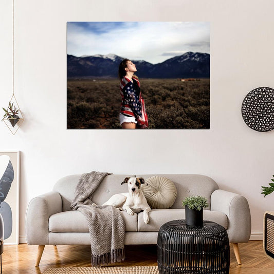 Freedom Beautiful Cute Girl Nature American Flag Wall Art Print Poster