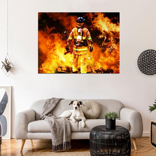 Firefighter Hero Fireman Flames Axe Wall Art Print Poster