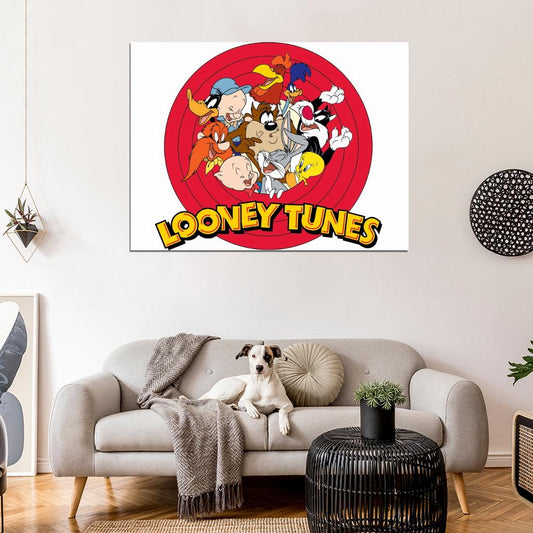 Looney Tunes Logo Characters Bugs Bunny Elmer Daffy Porky Road Runner Sylvester Tweety Tasmanian Devil Yosemite Foghorn Wall Art Print Poster