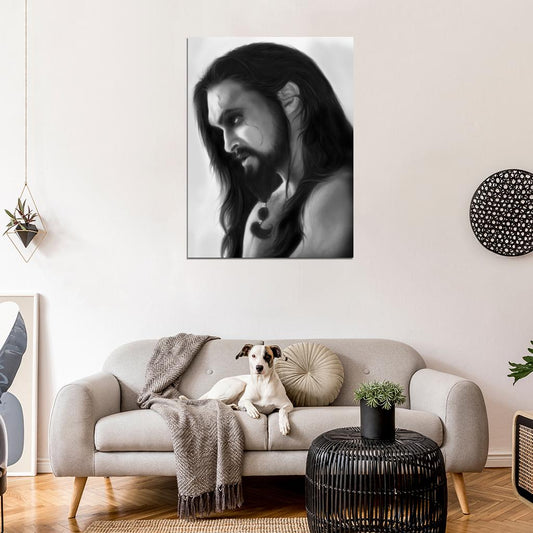 Jason Momoa Drogo Long Hair Art Painting Actor BW Wall Art Print Poster