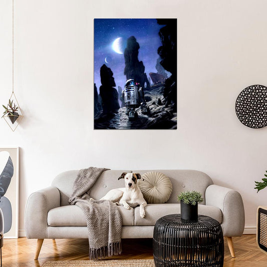 R2-D2 Tatooine Night Moons Jawas Sandcrawler Star Wars Movie Awesome Painting Art Wall Art Print Poster