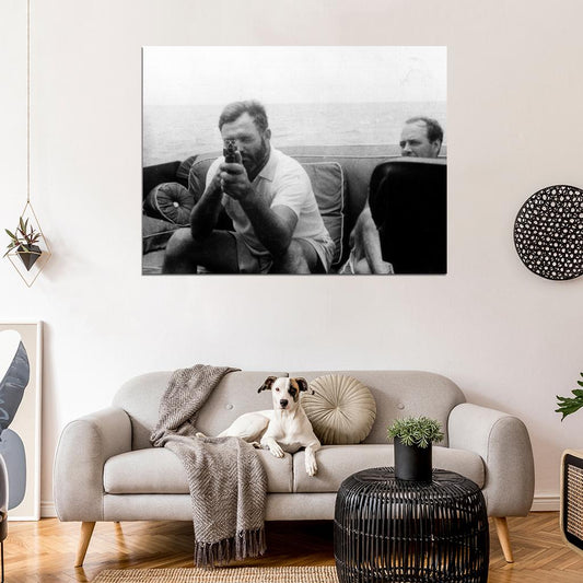 Ernest Hemingway Writer Gun Iron Sights Pilar Boat BW Wall Decor Room Print Retro Vintage Poster
