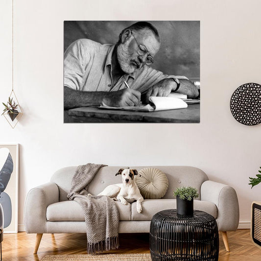 Ernest Hemingway Writer Glasses Drafts Notes BW Wall Decor Room Print Retro Vintage Poster