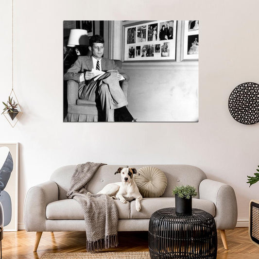 JFK John Kennedy US President Reading Chair BW Wall Decor Room Print Retro Vintage Poster