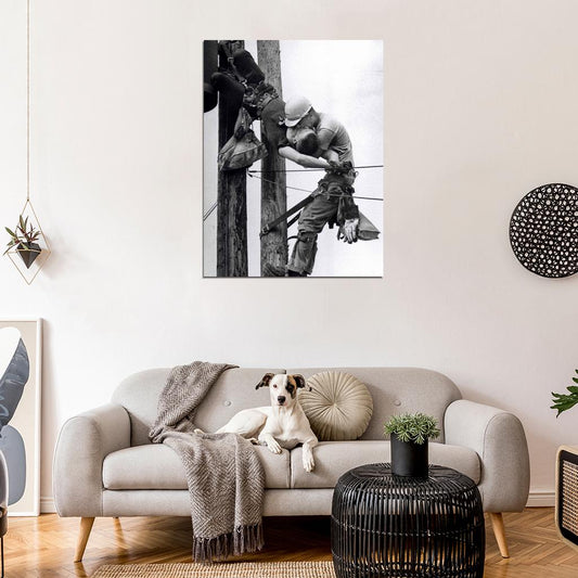 The Kiss of Life Utility Workers High Voltage Wall Decor Room Print Retro Vintage Poster