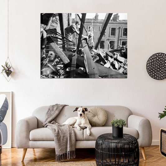 Boy Debris UK Flag London WWII War WW2 Old BW Wall Decor Room Print Retro Vintage Poster