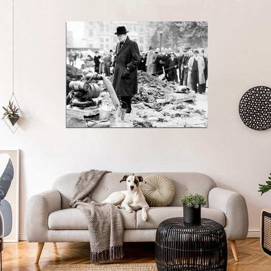 Winston Churchill London Bombing WWII War WW2 Wall Decor Room Print Retro Vintage Poster