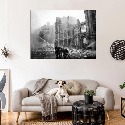 Firefighters London Bombing WWII War WW2 Old BW Wall Decor Room Print Retro Vintage Poster