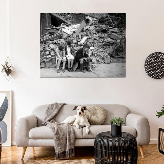 Children Debris London Bombing WWII War Two WW2 Old BW Wall Decor Room Print Retro Vintage Poster